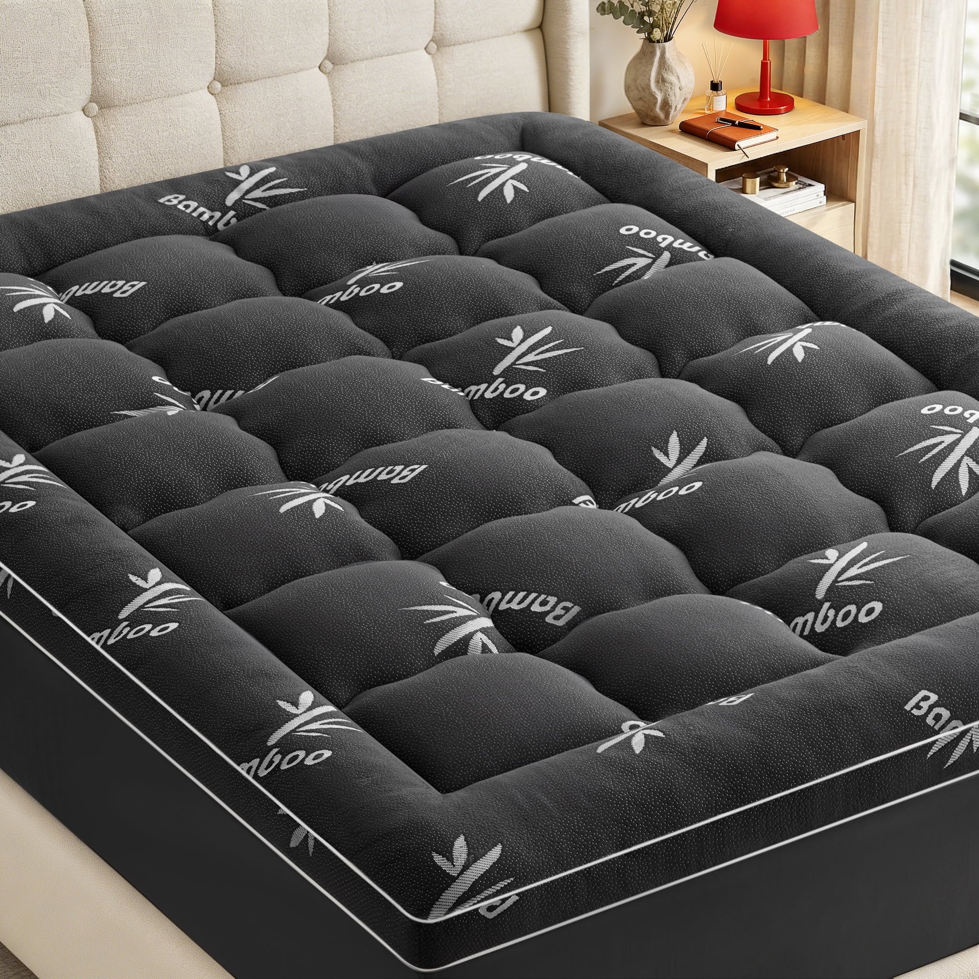 Mattress Topper Queen Size Bed,Bamboo Extra Thick Mattress Pad Cover Soft Plush Noiseless Down Alternative Fill,with 8-21" Deep Pocket,Dark Grey